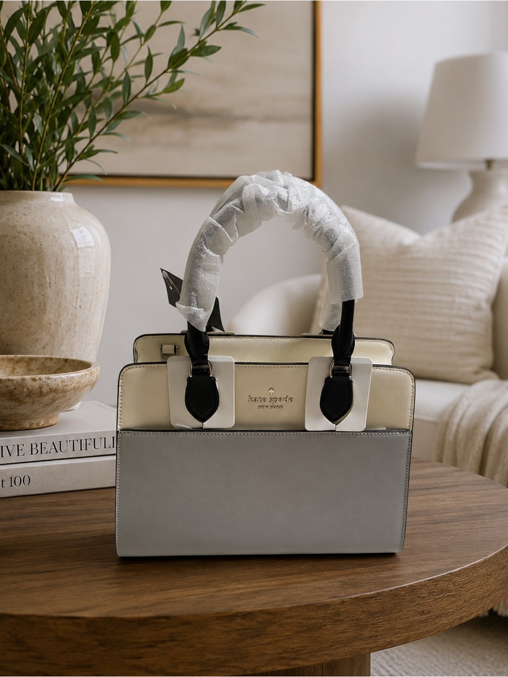 Kate Spade New York Madison Medium Satchel Two-Tone Cream and Light Gray Leather